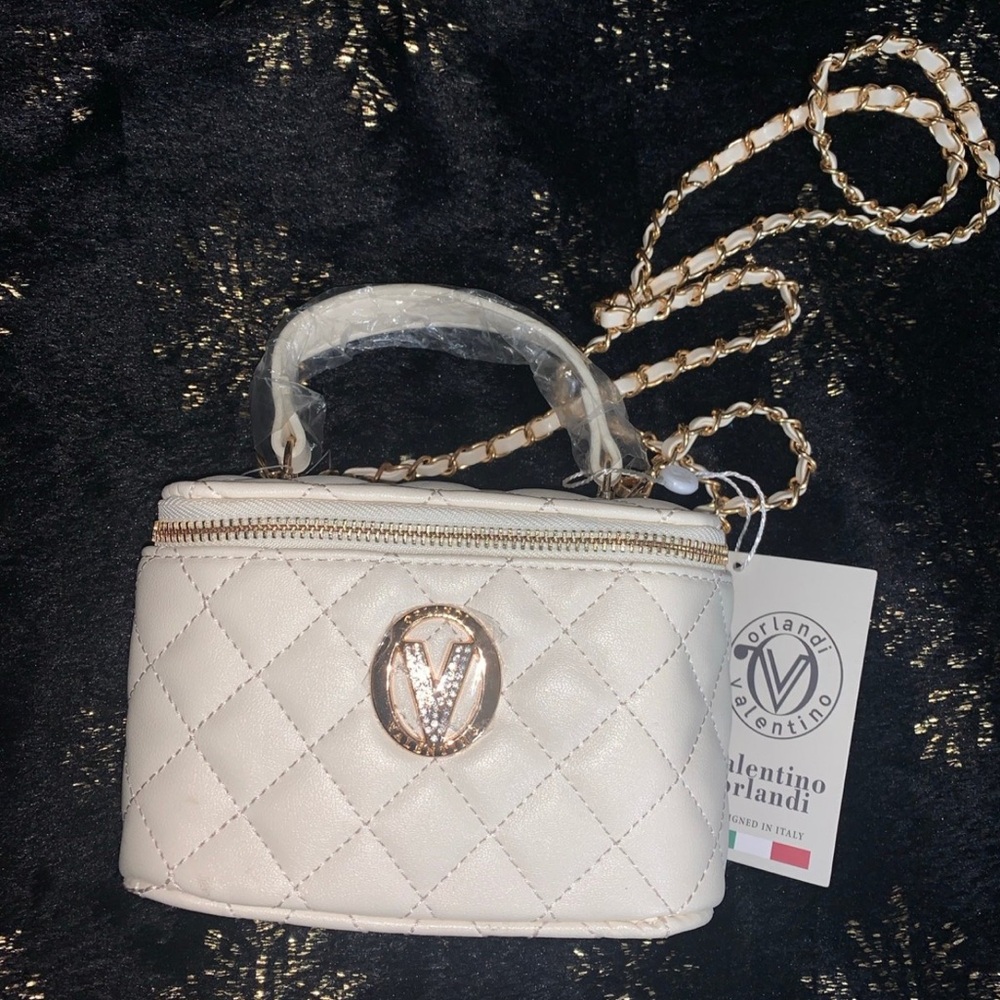 Valentino Orlandi Cream Mini Bag with Quilted Texture and Chain Strap